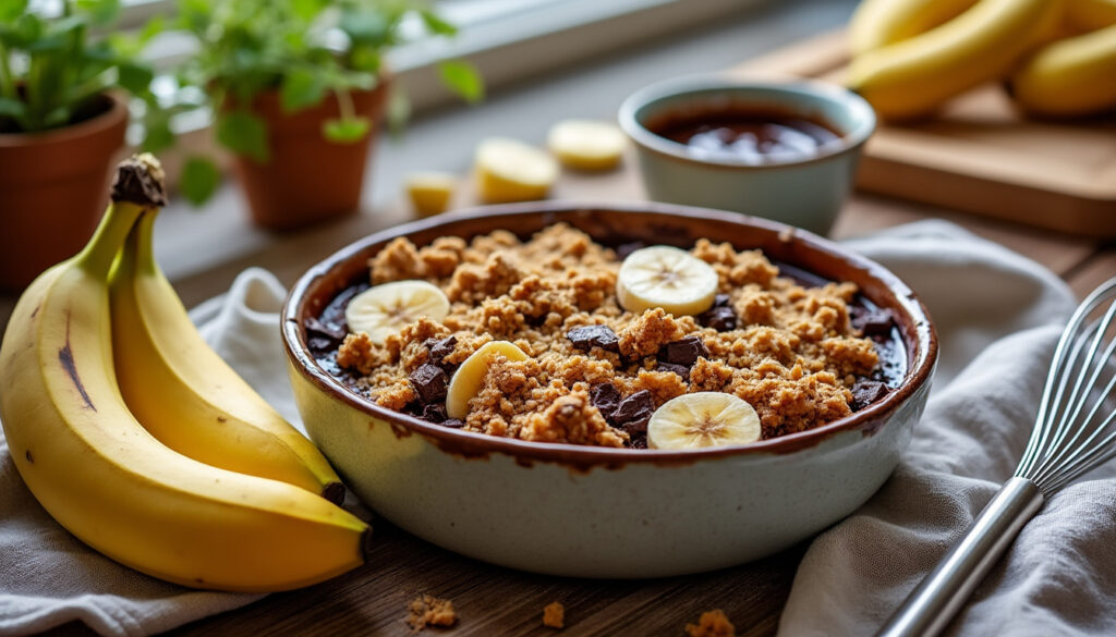 découvrez notre recette facile et rapide de crumble banane chocolat, un dessert gourmand à préparer chez soi en quelques minutes.