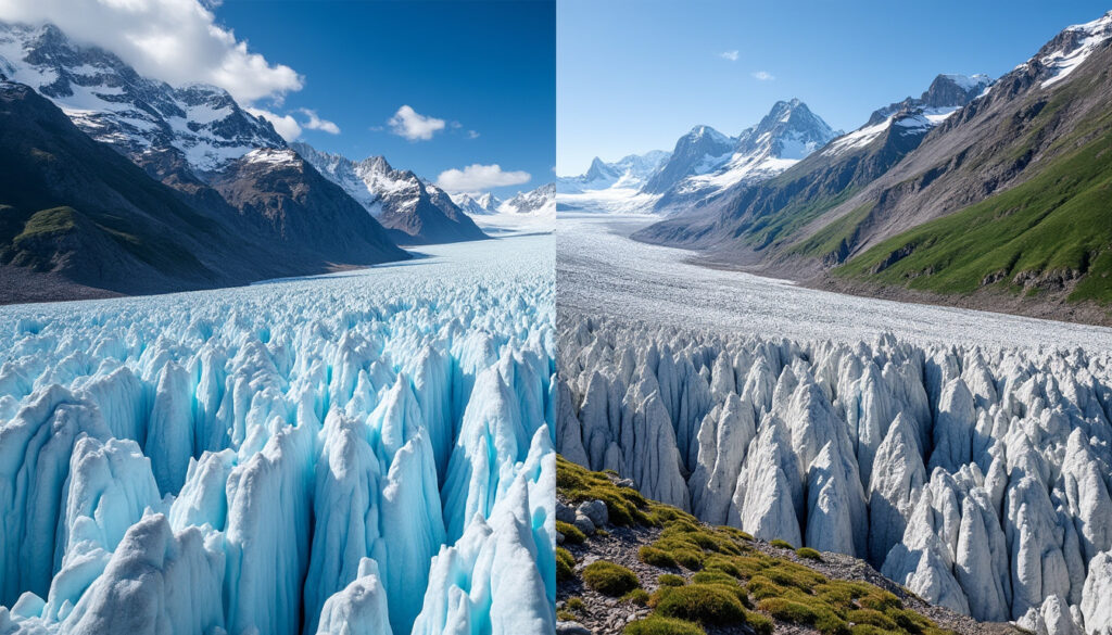 découvrez en images le recul spectaculaire de la mer de glace et sa transformation au fil du temps grâce à des photos avant et après.