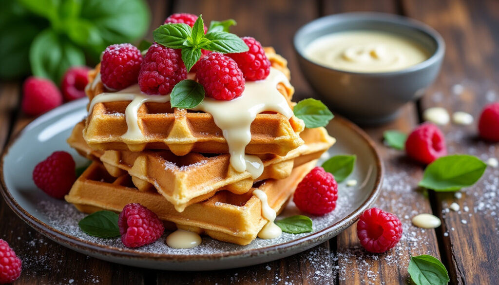 découvrez une recette gourmande de gaufres au chocolat blanc, garnies de framboises fraîches et parfumées au basilic pour une touche originale et délicieuse.